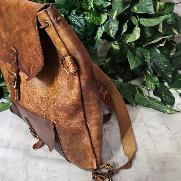 Vintage 1970s Leather Flap Closure Drawstring BackpackDay Backpack Carry On